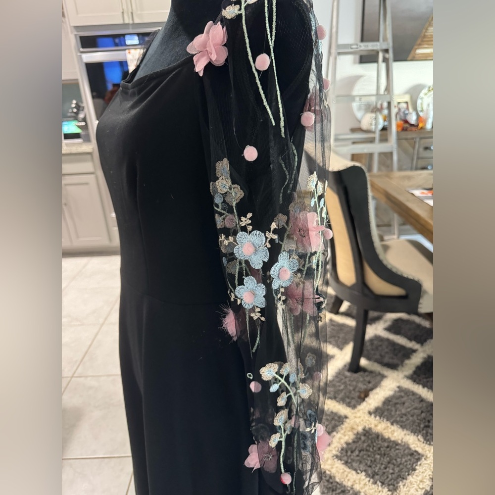 SHEIN Black with Pink and Blue Floral Embroidery